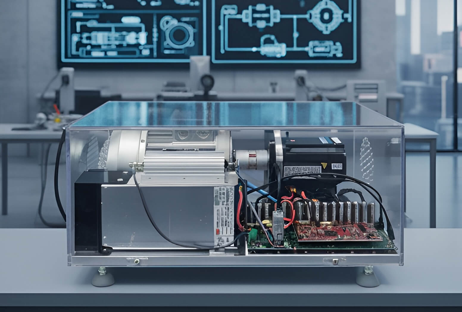 Electronic device inside a transparent casing showing circuit board, wiring, and components on a lab table with technical blueprints in the background.