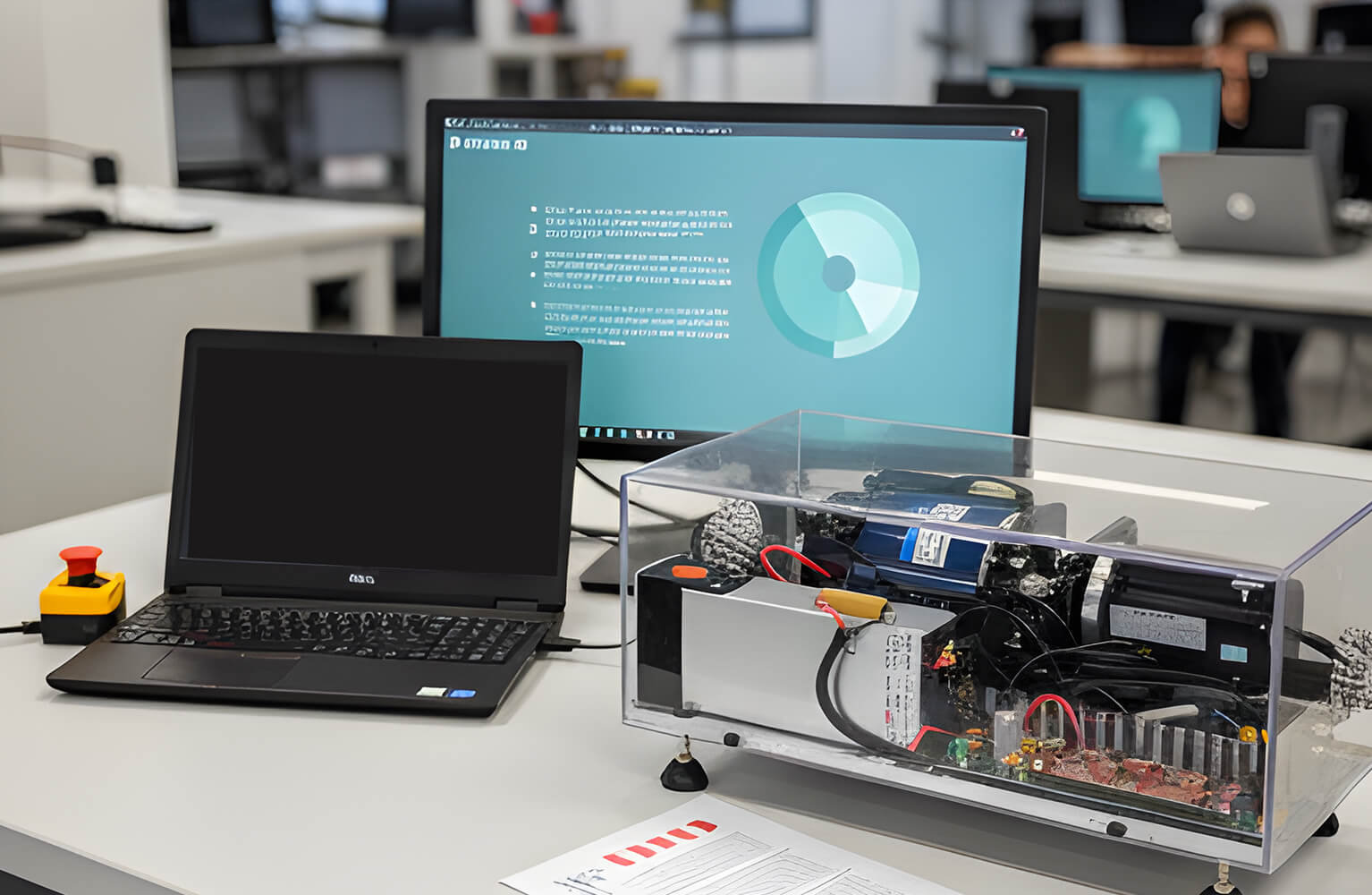 A laptop, an external monitor displaying a pie chart, and a transparent enclosure containing electronic components on a white desk in an office.