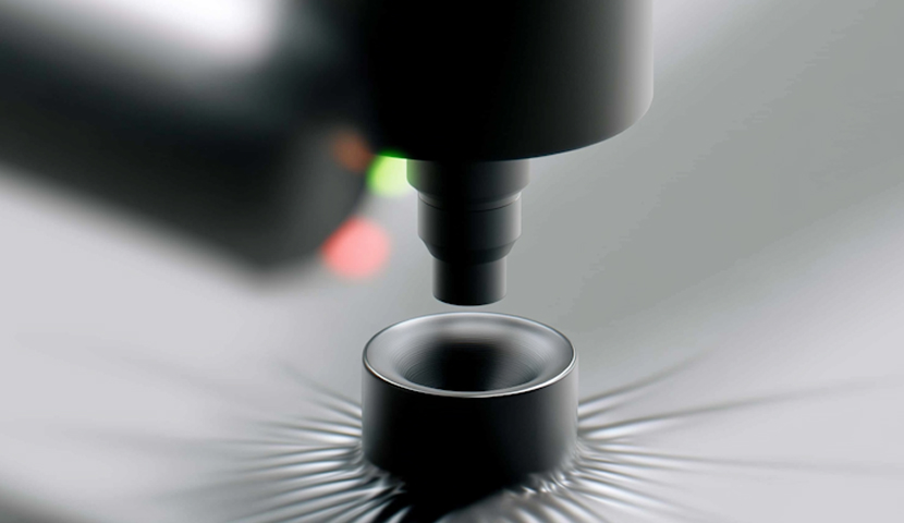 Close-up of a precision instrument inspecting or measuring a small cylindrical metallic object with radial pattern reflections.