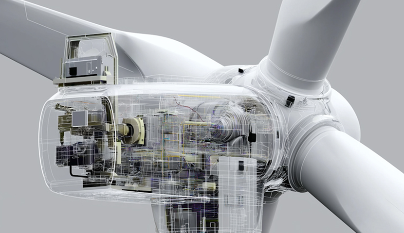 Transparent 3D rendering of a wind turbine nacelle showing internal mechanical and electrical components with three large rotor blades attached.