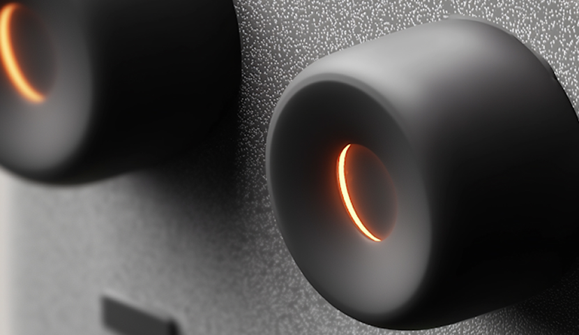 Close-up of a black knob with an illuminated orange crescent indicator on a textured gray surface.