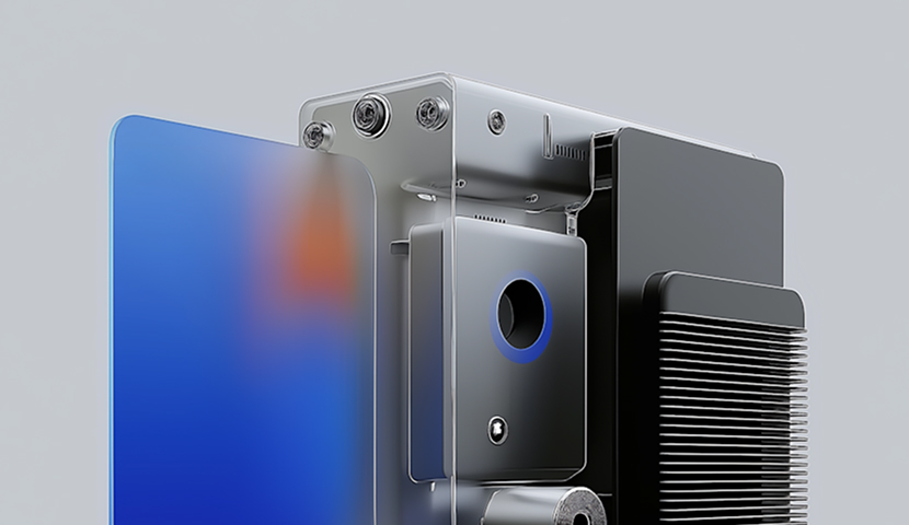 Close-up view of a modern black and gray electronic device with a circular blue ring and heat sink fins on a gray background.