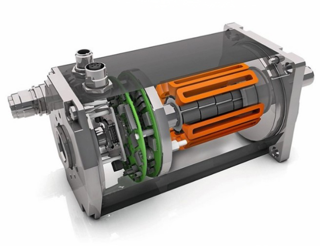 Cutaway view of an industrial electric motor showing internal components including rotor, stator, and wiring.