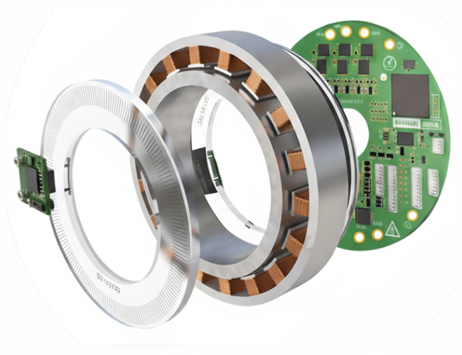 Exploded view of a circular electronic device with a green circuit board, metal ring with copper coils, and a transparent disc component.