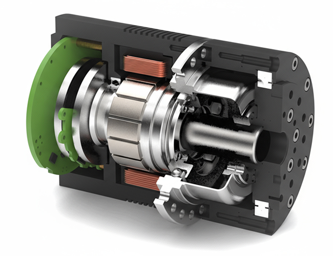 Cutaway view of an electric motor showing internal components including copper windings, rotor, and stator.