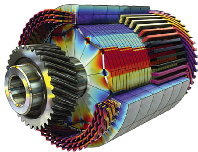 Color-coded 3D illustration of an electric motor stator with visible coils and gear, showing magnetic flux distribution.