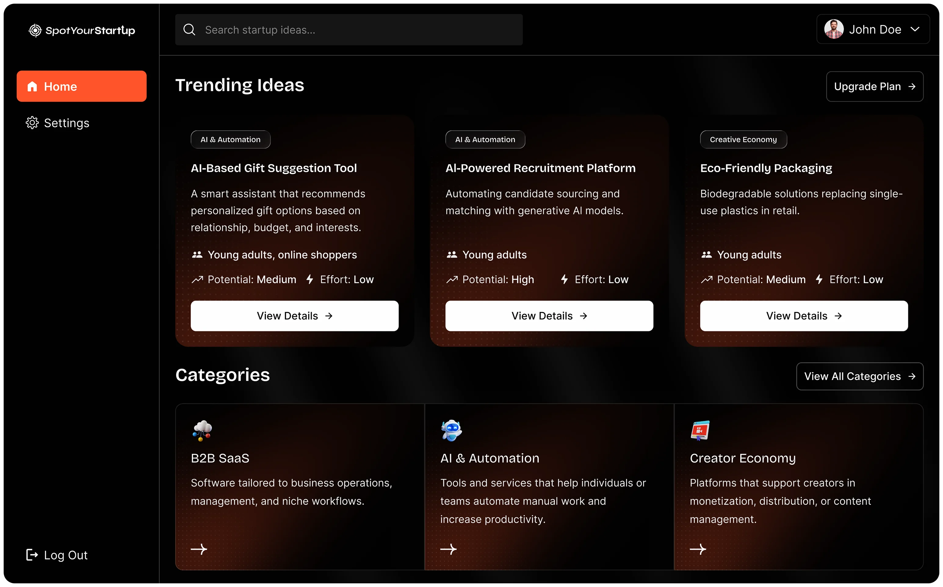 Dashboard showing trending startup ideas: AI-Based Gift Suggestion Tool, AI-Powered Recruitment Platform, and Eco-Friendly Packaging with user targeting and potential/effort ratings.