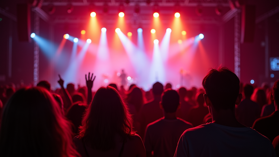 Eye-level view of a crowded concert stage with colorful lights