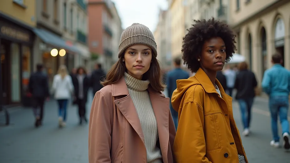 Eye-level view of a street fashion scene with diverse young people