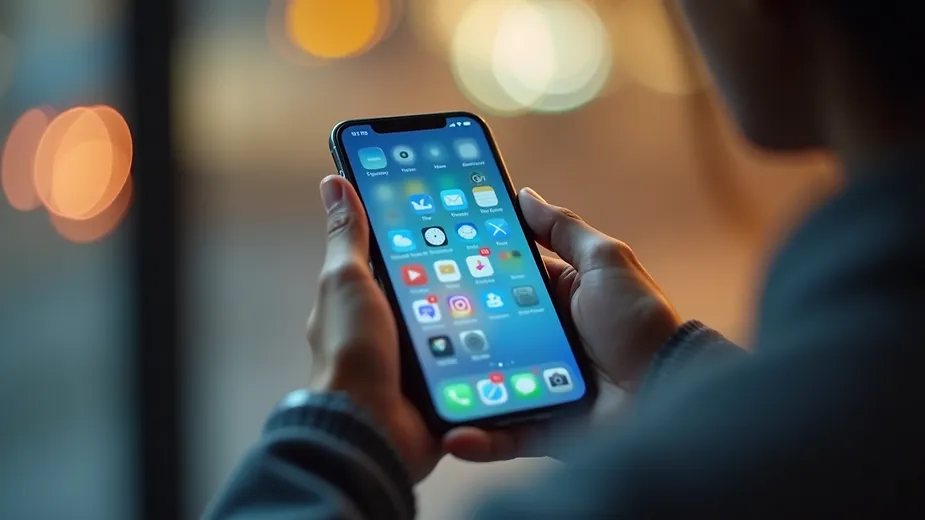 Close-up view of a person holding a smartphone displaying social media apps