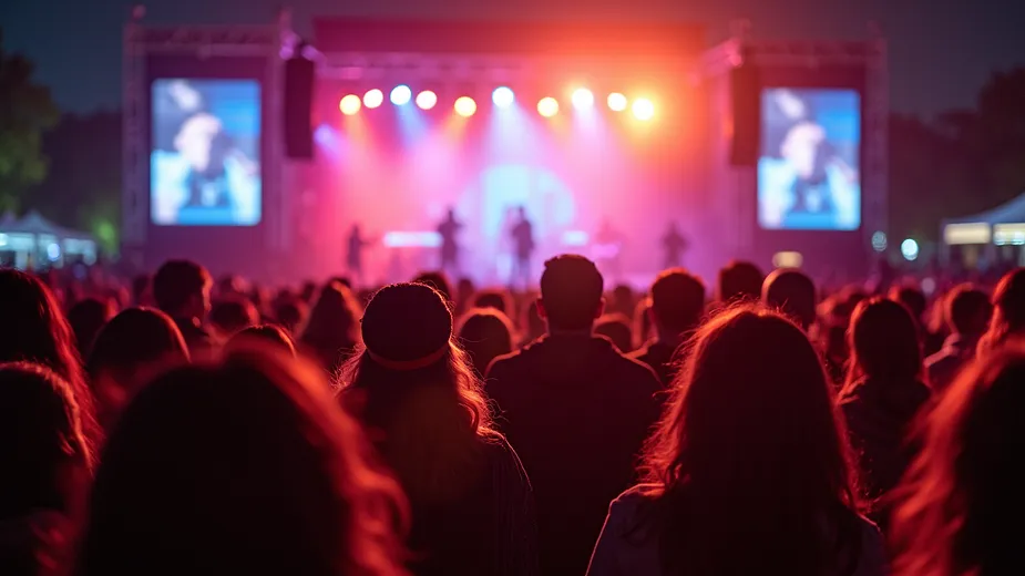 High angle view of a crowded music festival with diverse attendees enjoying a live performance