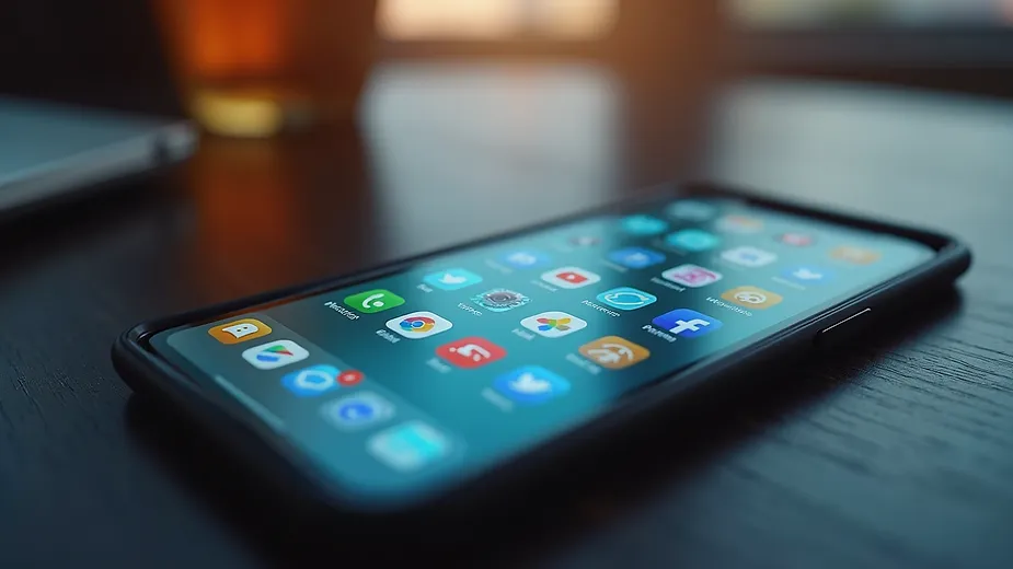 High angle view of a smartphone displaying social media apps