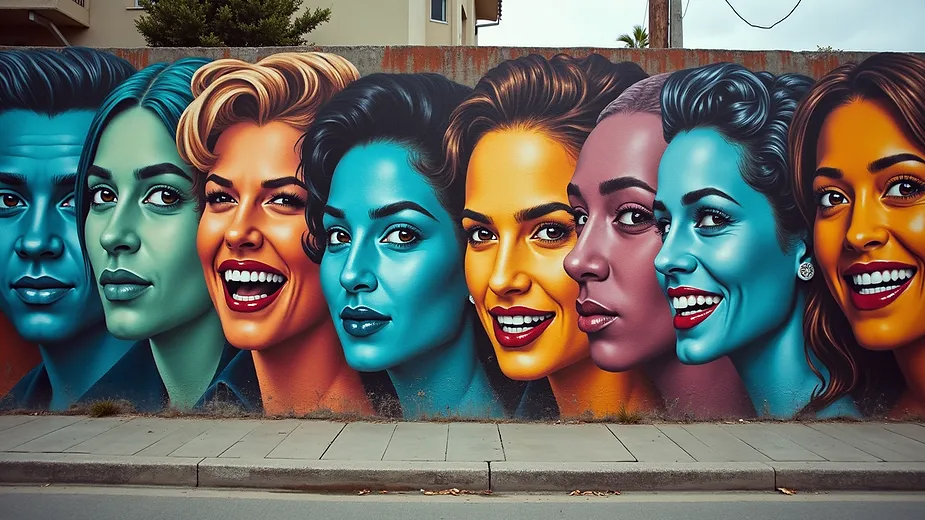 Eye-level view of a colorful street mural depicting popular culture icons