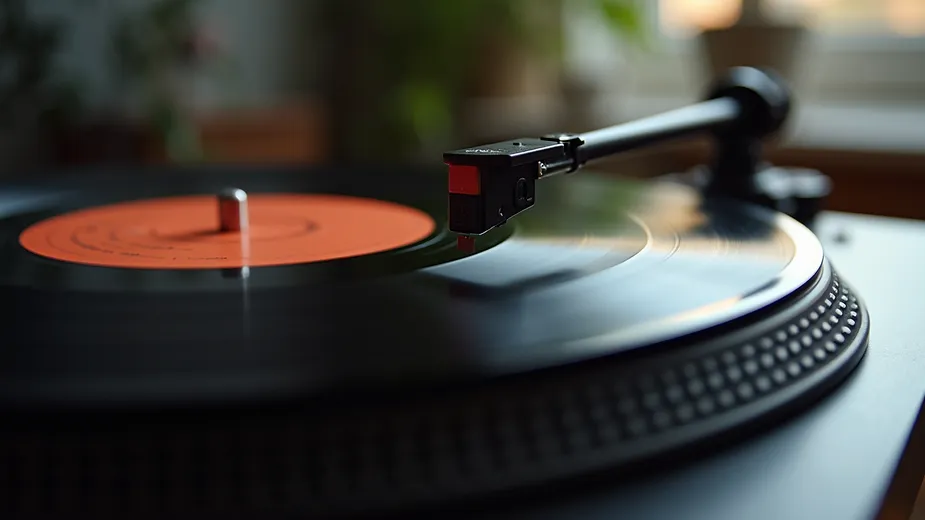 Close-up of a vinyl record player spinning a popular music album