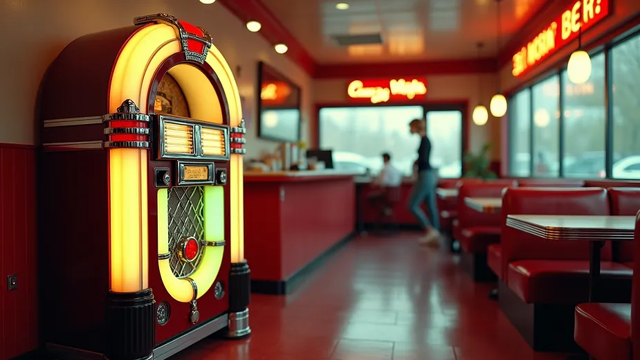 Eye-level view of a vintage jukebox in a retro diner