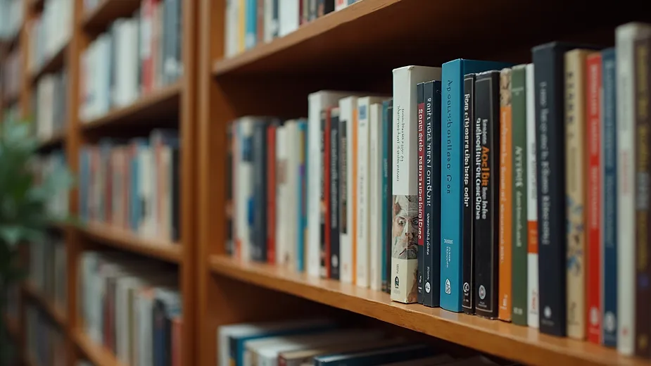 High angle view of a bookshelf filled with books on media and culture studies
