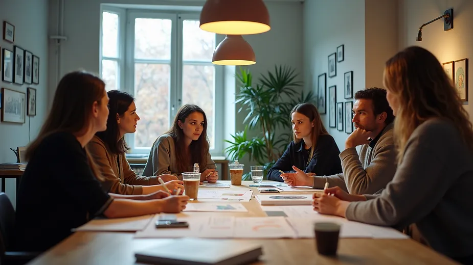 Eye-level view of a group of artists brainstorming around a table