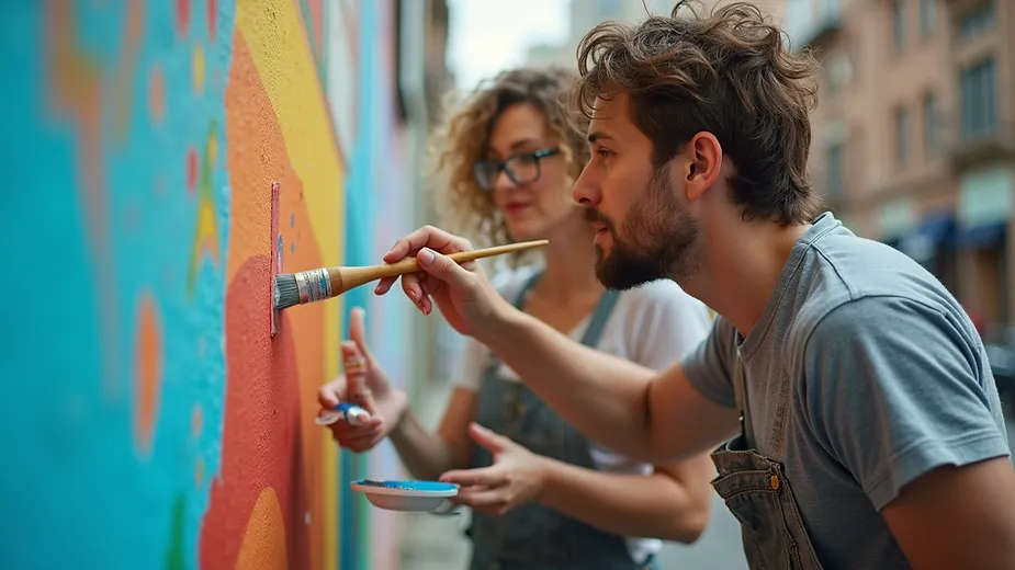 Eye-level view of two artists painting a mural together