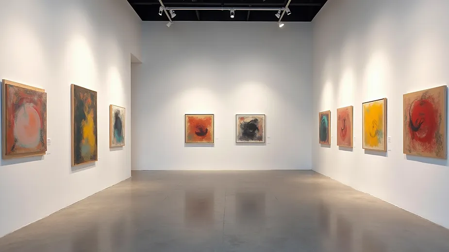High angle view of colorful abstract paintings displayed in a gallery