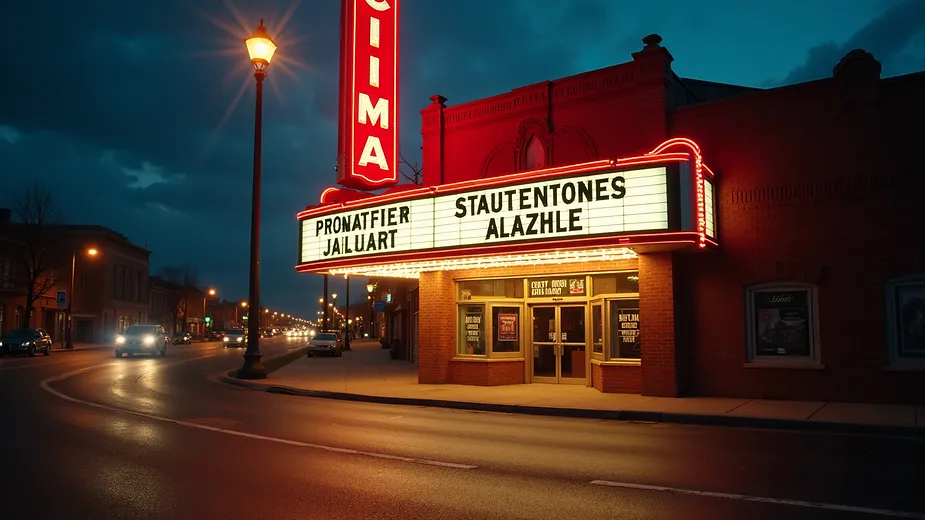 Eye-level view of a vintage cinema marquee