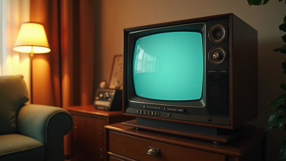 High angle view of a vintage television set in a retro living room