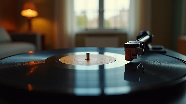 Eye-level view of a vinyl record player spinning a famous Beatles album