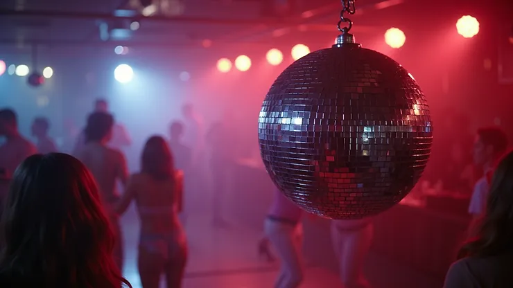 High angle view of a disco ball reflecting lights in a 1970s dance club