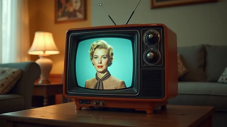 Wide angle view of a vintage television showcasing an iconic 1950s show