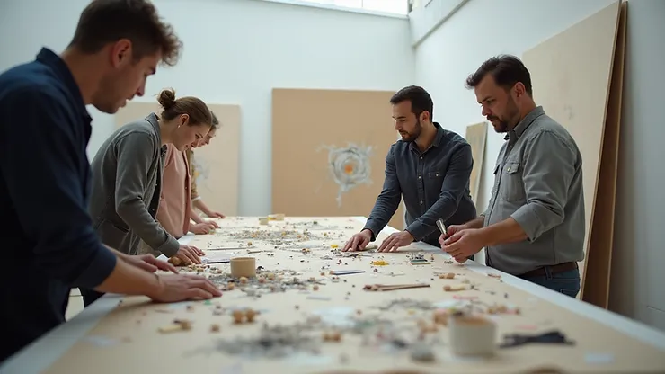 Eye-level view of artists collaborating on an art installation
