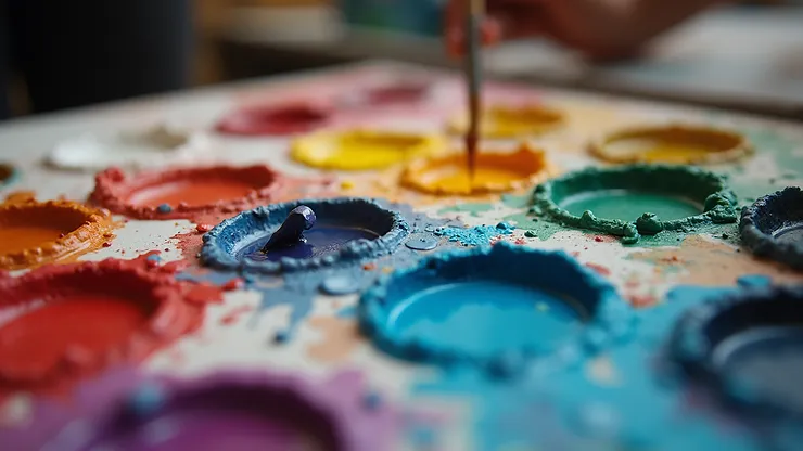 Close-up view of an artist's palette filled with vibrant colors