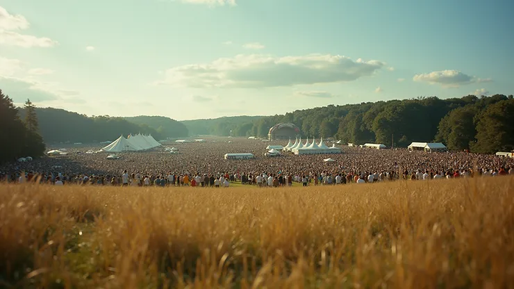 Wide angle view of the Woodstock festival site