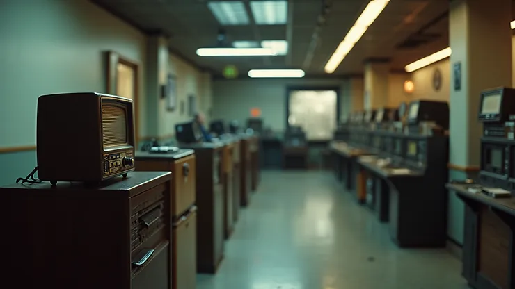Eye-level view of a vintage radio broadcasting station