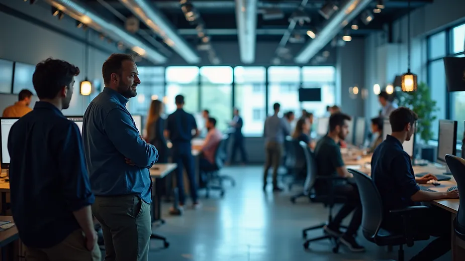 Eye-level view of a bustling digital media studio