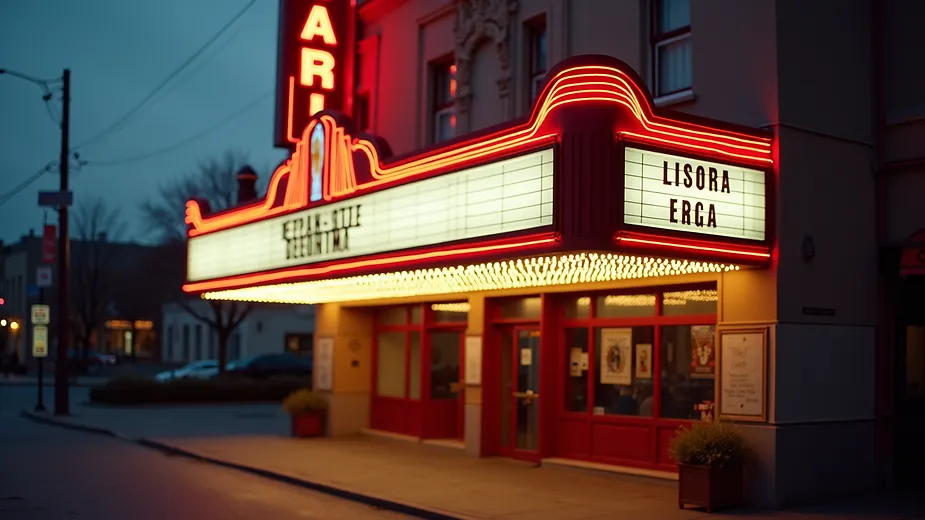 Eye-level view of a classic cinema marquee