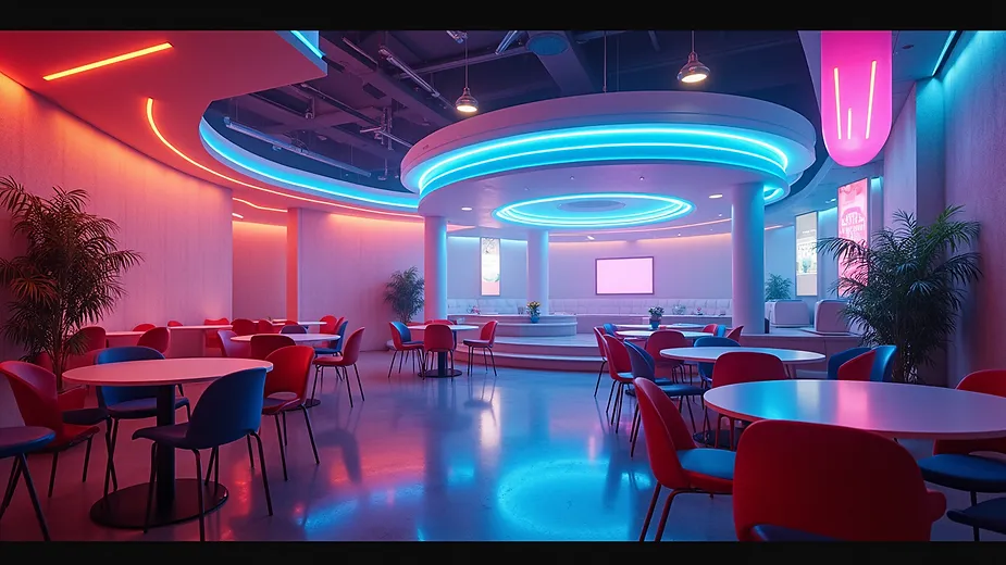 Wide angle view of a futuristic entertainment venue