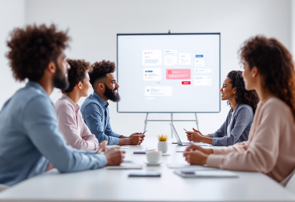 busy office with team collaborating (for a fintech company)