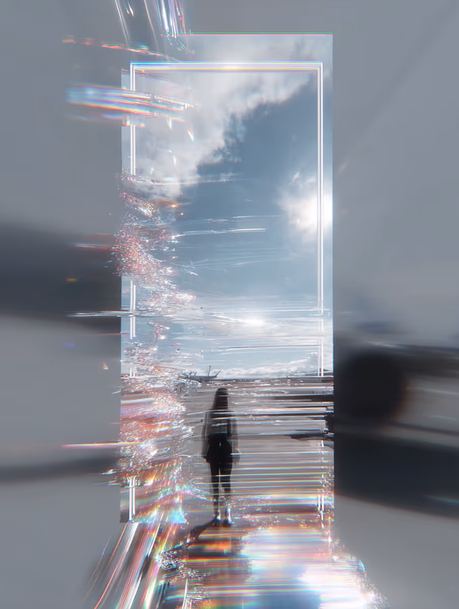 A cinematic image of a silhouette standing before a vertical rectangular portal that features a digital glitch effect and iridescent light flares, revealing a bright sky and an airplane in the distance.