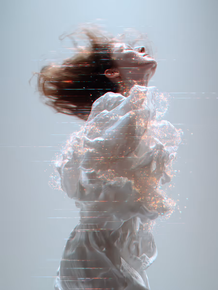 An ethereal portrait of a person in a white flowing garment, captured mid-motion with digital glitch effects and sparkling light particles dissolving into a bright, misty background.