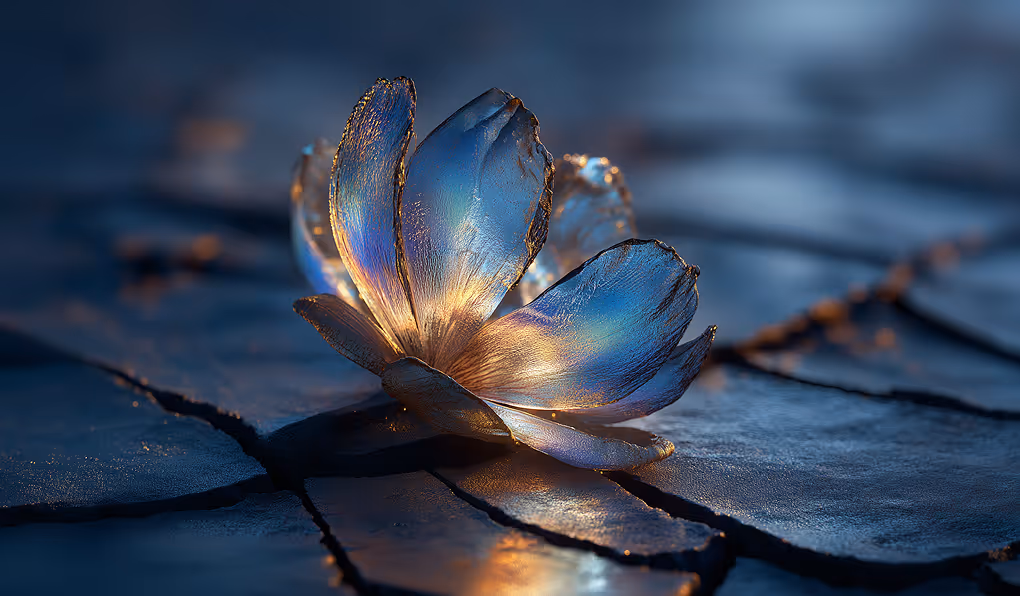 A macro photograph of a delicate, translucent glass-like flower with iridescent petals glowing with blue and gold light, resting on a dark, cracked earth surface.