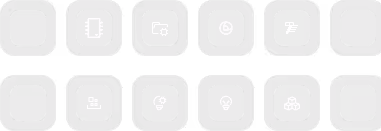 Two rows of six square app icons with rounded corners on a black background, featuring various abstract technology and data symbols.