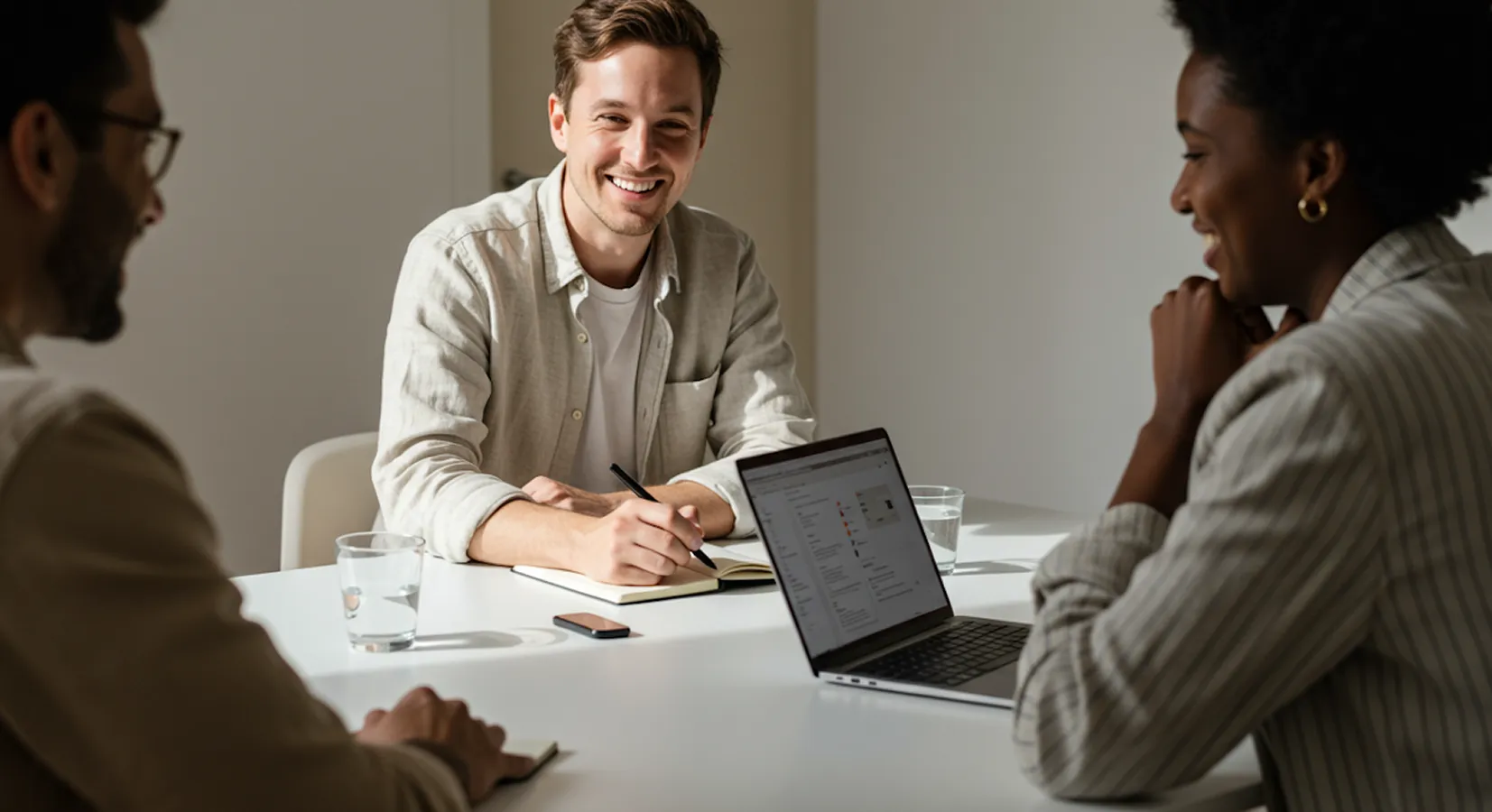 Drei Personen sitzen an einem weißen Tisch, eine Person schreibt in ein Notizbuch, ein Laptop ist geöffnet, alle wirken freundlich und im Gespräch.