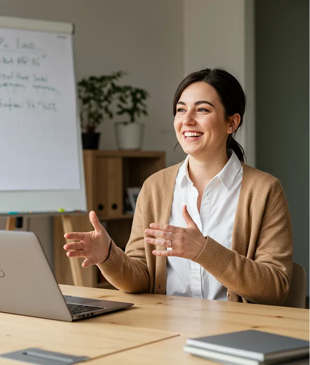 Lächelnde Frau in einem beigefarbenen Cardigan gestikuliert während eines Videoanrufs an einem Schreibtisch mit Laptop.