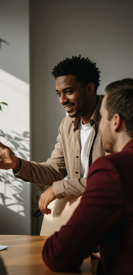Zwei Männer sitzen an einem Tisch und führen ein freundliches Gespräch, während Sonnenlicht durch ein Fenster fällt.