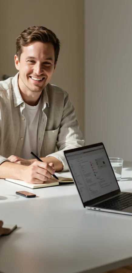 Lächelnder Mann mit Hemd schreibt in ein Notizbuch vor einem Laptop auf einem weißen Tisch.