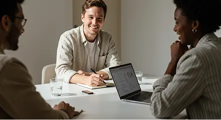 Drei Personen sitzen an einem Tisch und führen ein freundliches Gespräch, während einer Notizen macht und ein Laptop geöffnet ist.
