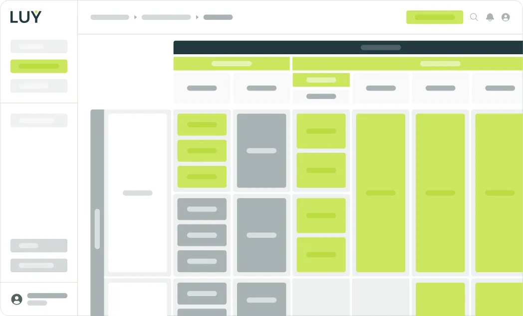 Dashboard-Übersicht mit seitlicher Navigation, Such- und Benachrichtigungssymbolen und mehreren Tabellen mit grauen und grünen Zellen.