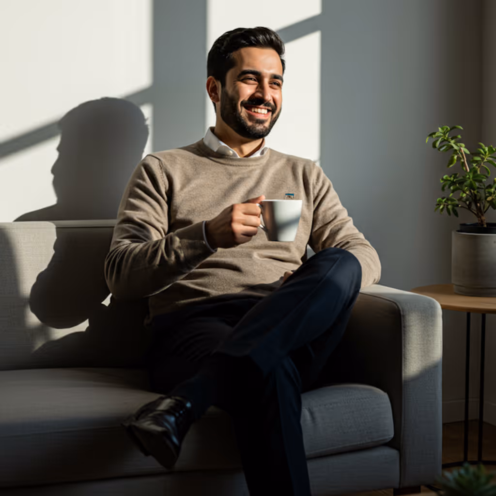 Junger Mann sitzt auf einem Sofa, hält eine weiße Tasse und lächelt, während Sonnenlicht durch ein Fenster fällt.
