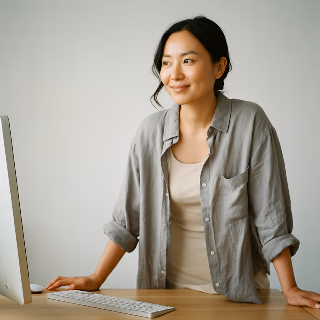Junge Frau mit grauem Hemd steht an einem Schreibtisch und schaut lächelnd zum Computerbildschirm.