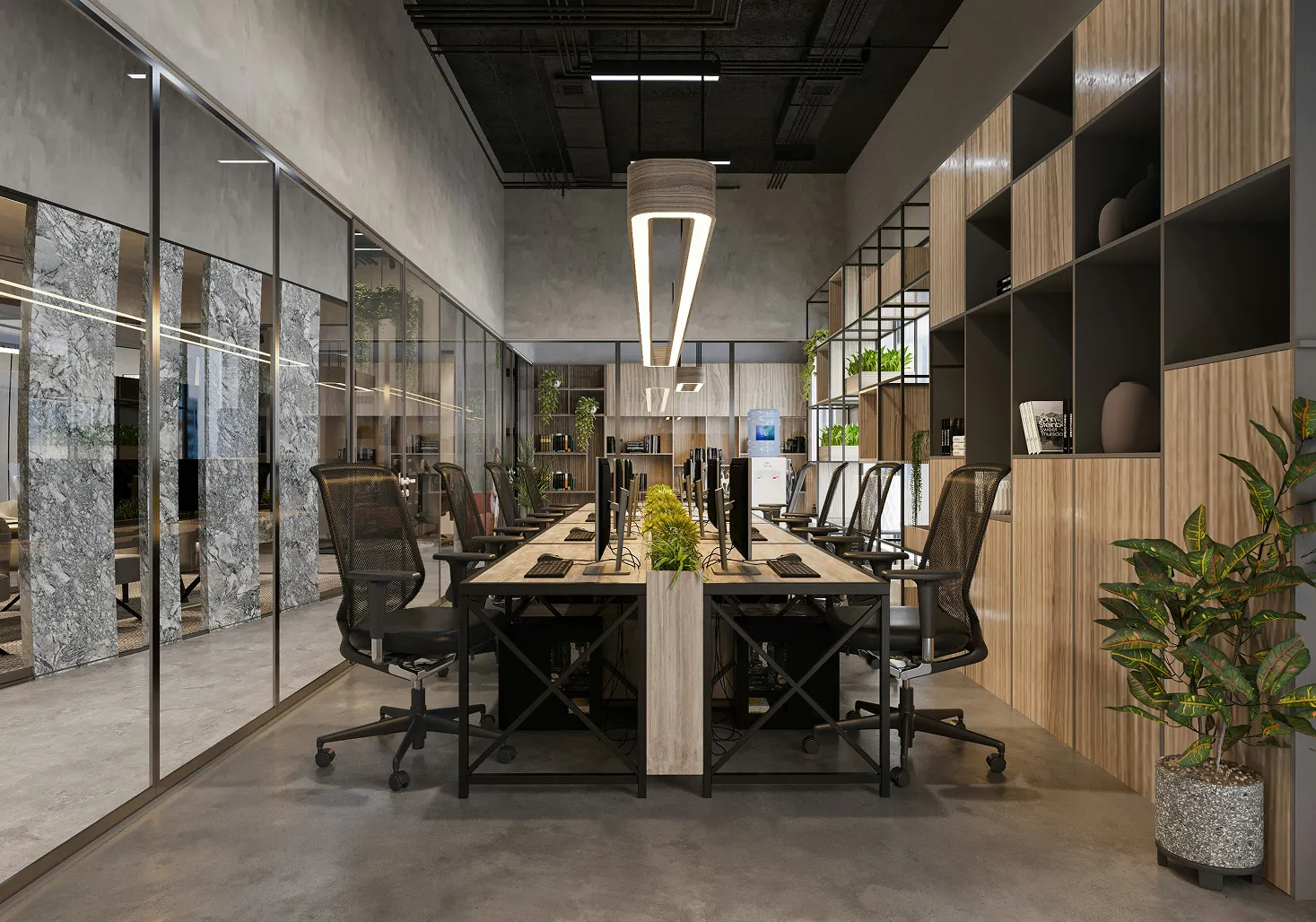 Modernes Büro mit zwei gegenüberliegenden Arbeitsbereichen, schwarzer Bürostühle, Holzregalen und grünen Pflanzen.