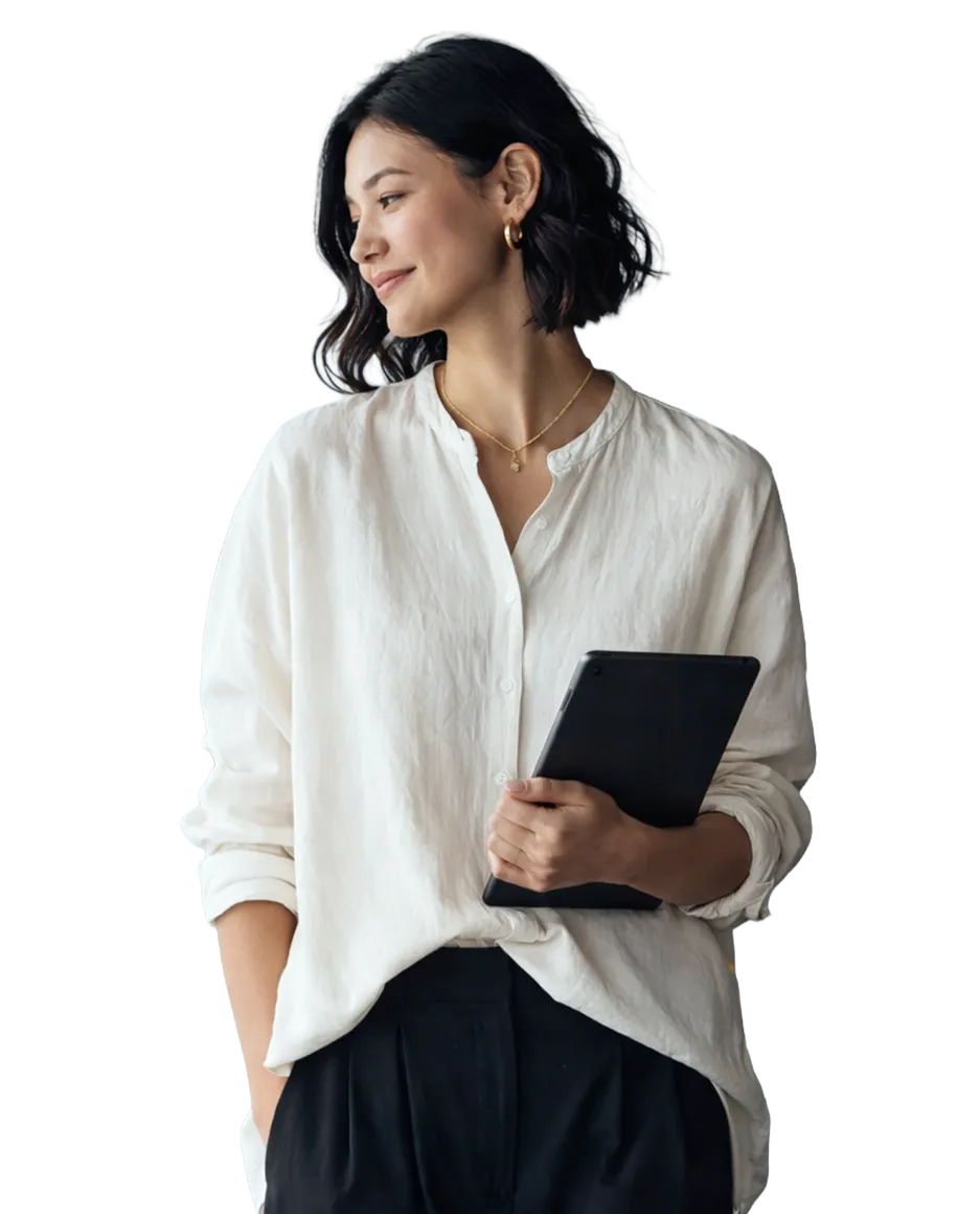 Junge Frau trägt weiße Bluse und dunkle Hose, hält ein Tablet und schaut lächelnd zur Seite.